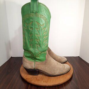 Vintage Olathe Boot Co. Mens 8.5 W10 Boots Green Brown Suede Cowboy Western USA